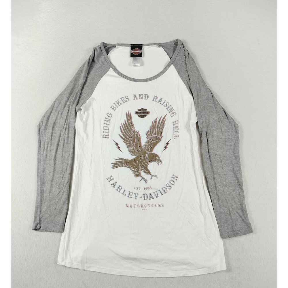 Harley-Davidson Shirt Womens Medium White Gray Raglan Rhinestone Biker Tunic‎